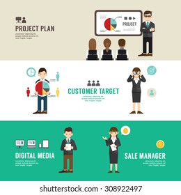 Business position design concept people set presentation, planning, meeting, success, sale, manager, partnership. with flat icons. vector illustration