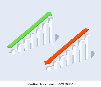 Business positive and negative graphs and arrows. 3D lowpoly isometric vector concept illustration