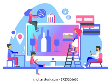 business poster with computer screen -  wine bottles and glasses surrounded by persons ordering wine online via mobile, tablet and computer. Shopping bag, coins, credit cards. Flat vector illustration