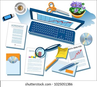 Business poster. Modern concept of finance and management. Laptop. Stationery and computer with documents. Vector illustration

