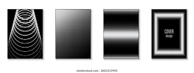 Business Poster Set. Dots White And Black  Flyer. Cool Circles In Minimal Layout. Minimalistic Brochure In 2d Frame. Graphic Template. White Halftone Texture. Black Business Poster