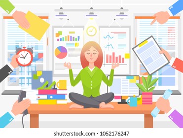 Business poster with woman in process of relaxation, sitting on table in office while others want her to do job, calm person on vector illustration?. Business relaxation concept