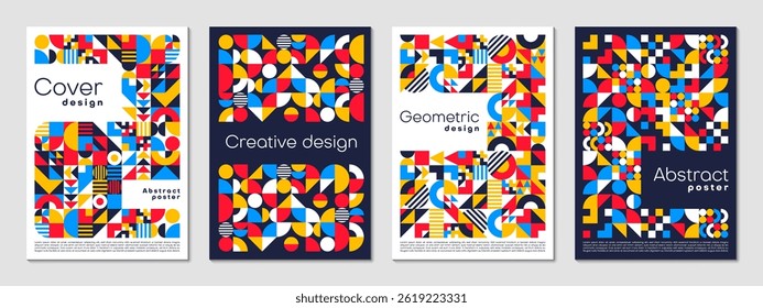 Business posters with abstract geometric background, shapes and patterns. Vector vintage art layouts or cover templates with bold colors and primitive elements as circles, triangles, dots and squares