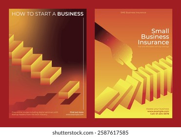 Business posters with bold colors. Business themes include insurance and startups. Business graphics feature domino effect and gradient designs. Innovative business templates.