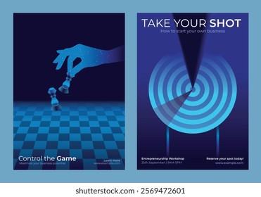 Business posters with chess and target themes. Chessboard and hand, target and arrow. Promote entrepreneurship, strategy, and business growth. Blue tones dominate. Innovative business templates.