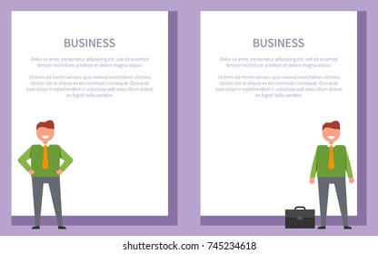 Business posters set with cheerful businessmen with orange tie posing. Vector of adult men and black leather briefcase on white with place for text