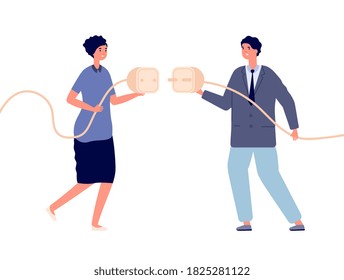 Business power connection. Electricity powering, woman cooperation with man. Cable plug connect, intersexual partnership vector illustration