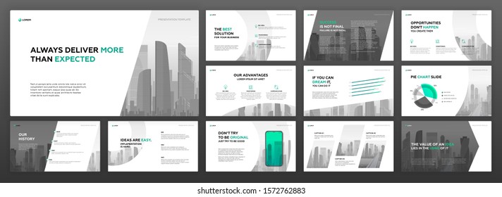 Business powerpoint presentation template. Modern keynote presentation, brochure cover design, brand guidelines, pitch deck, agenda, corporate profile, annual report, proposal, social media banner.