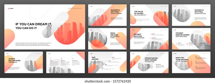 Business powerpoint presentation templates set with cityscape vector illustration. Use for brochure design, website slider, landing page, annual report, company profile, social media banner.