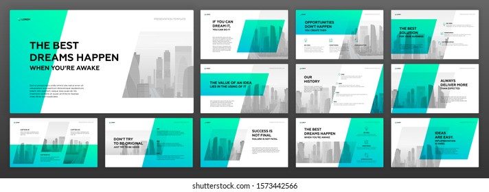 Business powerpoint presentation templates set with cityscape vector illustration. Use for brochure design, website slider, landing page, annual report, company profile, social media banners.