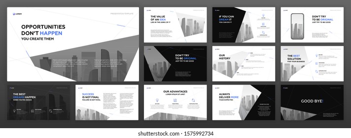 Business powerpoint presentation templates set with cityscape vector illustration. Use for brochure design, website slider, landing page, annual report, company profile, portfolio, social media banner