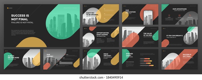 Business powerpoint presentation templates set. Use for modern keynote presentation background, brochure design, website slider, landing page, annual report, company profile, facebook banner.