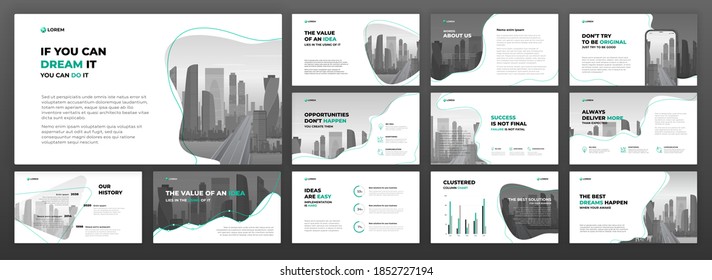 Business powerpoint presentation templates set. Keynote presentation background, brochure cover design, brand guidelines, pitch deck, landing page, annual report, company profile, social media banner.