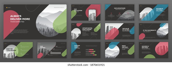 Business powerpoint presentation templates set. Use for modern keynote presentation background, brochure design, website slider, landing page, annual report, company profile, social media banner.