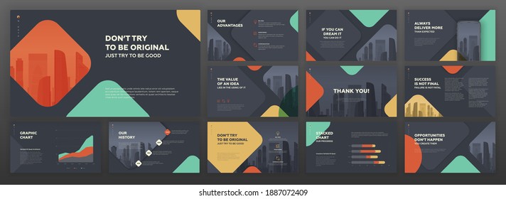 Business powerpoint presentation templates set. Use for modern keynote presentation background, brochure design, website slider, landing page, annual report, company profile, social media banner.