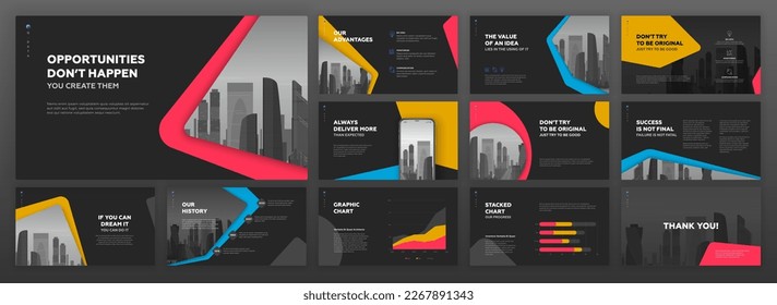 Business Powerpoint presentation templates set. Use for modern Keynote presentation background, brochure design, website slider, landing page, annual report, Google slides template, company profile.