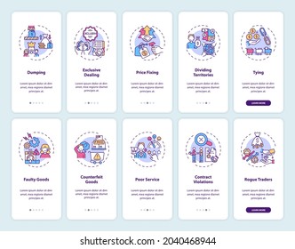 Business practices onboarding mobile app page screen with concepts set. Consumer protection walkthrough 5 steps graphic instructions. UI, UX, GUI vector template with linear color illustrations