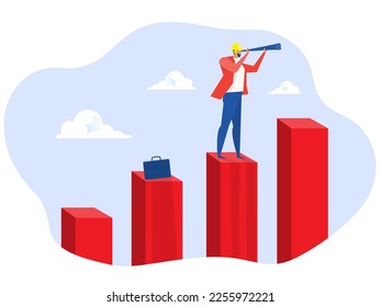 business prediction with telescope step on rise up graph to top of a graph challenge to be better and achieve success concept vector