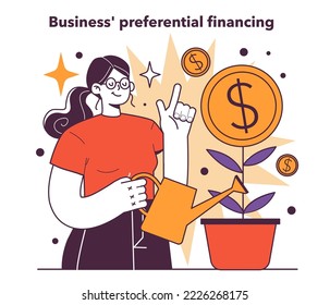 Business' preferential financing. Government actions for financial stabilization due to economic crisis. Money loss and economic activity decline government actions. Flat vector illustration