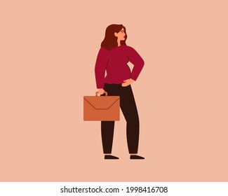 Mujer empresaria embarazada con cartera de maletín. La expectativa de trabajo segura de la madre de pie en el perfil. Concepto de oportunidad en el trabajo durante la maternidad. Ilustración del vector