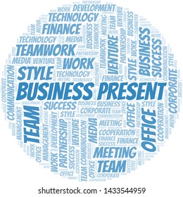 Business Present word cloud. Collage made with text only.