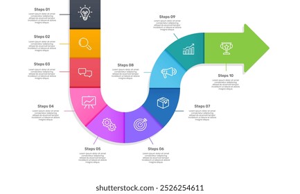 Business Presentation 10 Steps to Success. Infographic Arrows design template. Strategy, Marketing, Report and Plan. Vector Illustration.