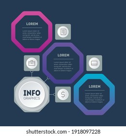 Presentación de negocios con 3 opciones y 4 iconos. Plantilla Web de árbol o gráfico de información. Infografía de tecnología o proceso educativo con tres pasos. Octagones. Plantilla de diseño de folleto.