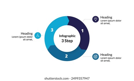 Presentación de negocios Infografía de flechas de 3 pasos con iconos. Plantilla de Vector detallada para visualizar estrategias, Planes de proyectos y procesos de marketing en un formato moderno y Profesional