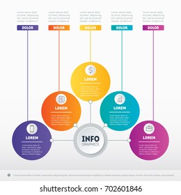 Business presentation with 5 options. Dynamic infographics of technology or education process. Business data visualization. Web Template of a info chart, infographic, mind map or diagram