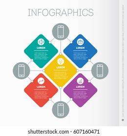 Business presentation with 5 options. Web Template of mind map, slide or diagram. Vector dynamic infographics of technology or education process. Part of the report with simple geometric elements.