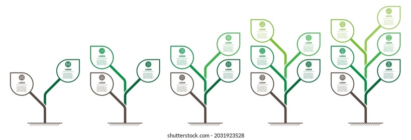 Presentación empresarial con 5 pasos o procesos. Gráfico informativo. Conjunto de infografías verticales o líneas de tiempo con 2, 3, 4, 5 y 6 partes. Árboles con hojas. Desarrollo y crecimiento de la tecnología verde.