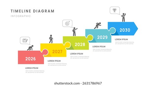 Apresentação de negócios 5 etapas roteiro ano cronograma infográfico com modelo de seta, design vetorial.
