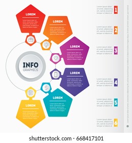 Business presentation with 6 options. Vector dynamic infographics of technology or education process. Part of the report. Web Template of a chart, mindmap or diagram.