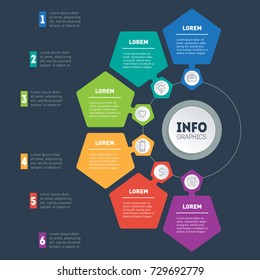 Business presentation with 6 options. Vector dynamic infographics of technology or education process. Template of a chart, mindmap or diagram with 6 steps