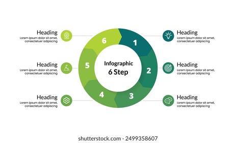 Business Presentation 6-Schritt-Pfeil-Infografik mit Symbolen. Detaillierte Vektorvorlage zur Visualisierung von Strategien, Projektplänen und Marketingprozessen in einem professionellen, modernen Format