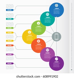 Business presentation with 7 options. Web Template of a info chart, mindmap, diagram. Part of the report with simple geometric elements. Vector dynamic infographics of technology or education process.