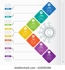 Business presentation with 7 options. Web Template of a info chart or diagram. Vector dynamic infographics of technology or education process. Part of the report with simple geometric elements.