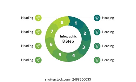 Infografía de flechas de 8 pasos con iconos. Plantilla de Vector detallada para visualizar estrategias, Planes de proyectos y procesos de marketing en un formato moderno y Profesional