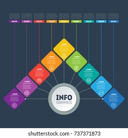 Business presentation with 9 options. Vector dynamic infographics of technology or education process. Business data visualization with simple elements. Template of a info chart, mind map or diagram.