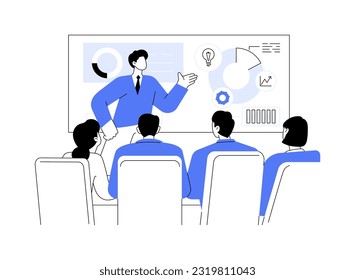 Business presentation abstract concept vector illustration. Employees listening to colleagues presentation, corporate business, office lifestyle, marketing strategies discussion abstract metaphor.