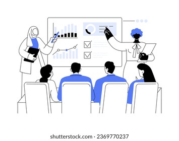 Business presentation abstract concept vector illustration. Group of worldwide business people listening colleagues presentation, international working travel, chart on screen abstract metaphor.