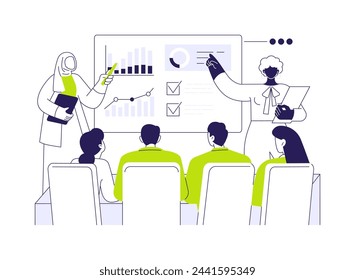 Business presentation abstract concept vector illustration. Group of worldwide business people listening colleagues presentation, international working travel, chart on screen abstract metaphor.