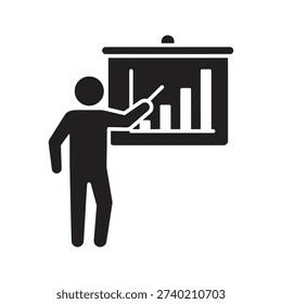 Business presentation analysis icon showing person pointing at bar chart board representing financial report meeting lecture training