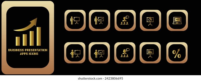Business presentation apps icon set. Containing seminar, sales presentation, keynote, meeting, whiteboard, conference and business plan icons.