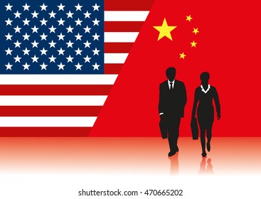 Business presentation background for slides. Business China USA with big USA flag and China flag and business people walking forward