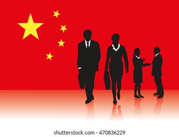 Business presentation background for presentation  slides. Business China with big China flag and business people walking forward
