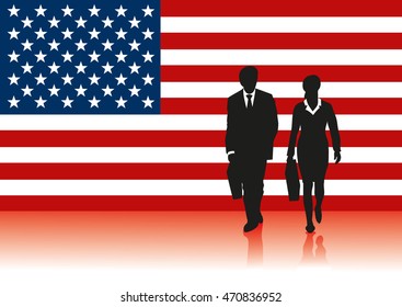 Business presentation background for presentation slides. Business USA with big USA flag and business people walking forward