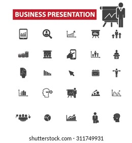Business-Präsentation schwarz isolierte Konzept-Symbole, Illustrationen Set. Flaches Design, Vektorgrafik für Web, Infografiken, Apps, Mobiltelefondienste
