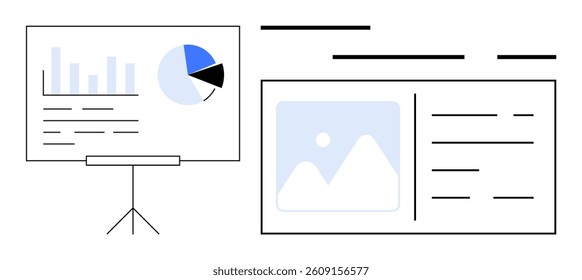 Business presentation board displaying bar and pie charts. Adjacent layout includes an image placeholder and text sections. Ideal for corporate presentations, financial reports, marketing strategies