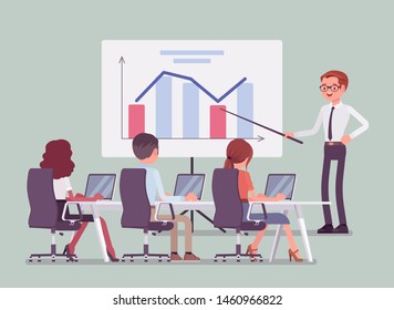 Business presentation and briefing in the office. Demonstration, lecture to present a new idea, annual speech to inform, inspire and motivate company employees, Vector flat style cartoon illustration